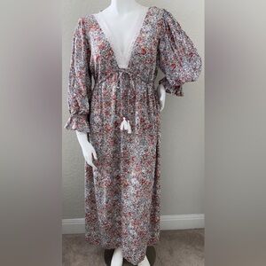 Sky and Sand Floral Lace Trim Tie Waist Puff Sleeve Long Maxi Dress Plus 2X